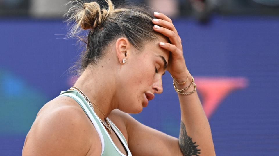 Aryna Sabalenka reacts to a missed point during her loss to Sorana Cirstea at the Italian Open