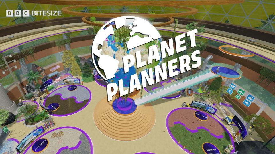 Planet Planners on Roblox game image with big logo, globe and geographical hub.