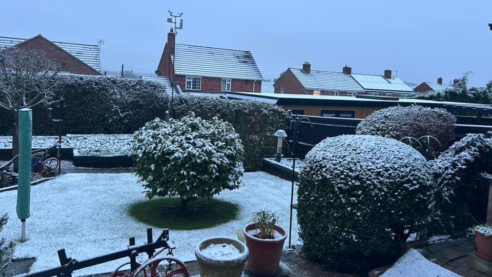 A back garden with several manicured hedges and bushes. There are also plant pots and a washing line packed away. In the background there are several more houses and everything is covered with light snow. The sky is dim and grey.