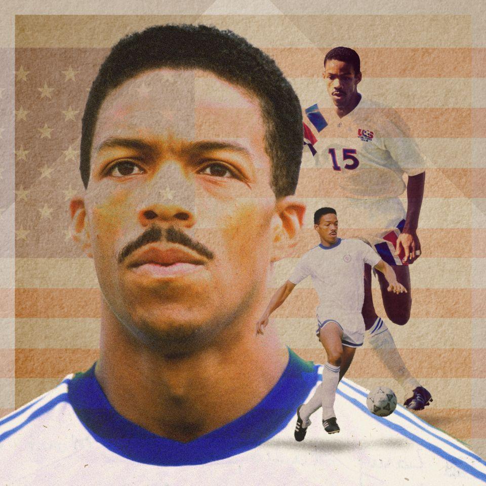 Graphic showing Desmond Armstrong against a background of the USA flag