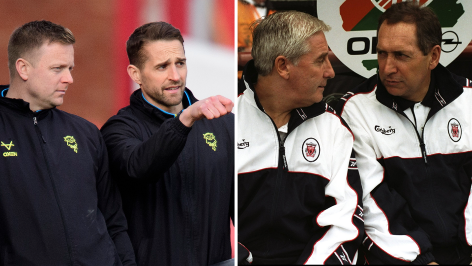 Split image of Tom Shaw and Chris Cohen at Lincoln and, to the right, one of Roy Evans and Gerard Houllier when they worked together as joint-bosses of Liverpool