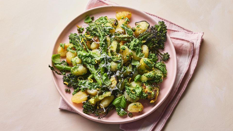 Courgette, broccoli and gnocchi traybake with spring greens pesto.