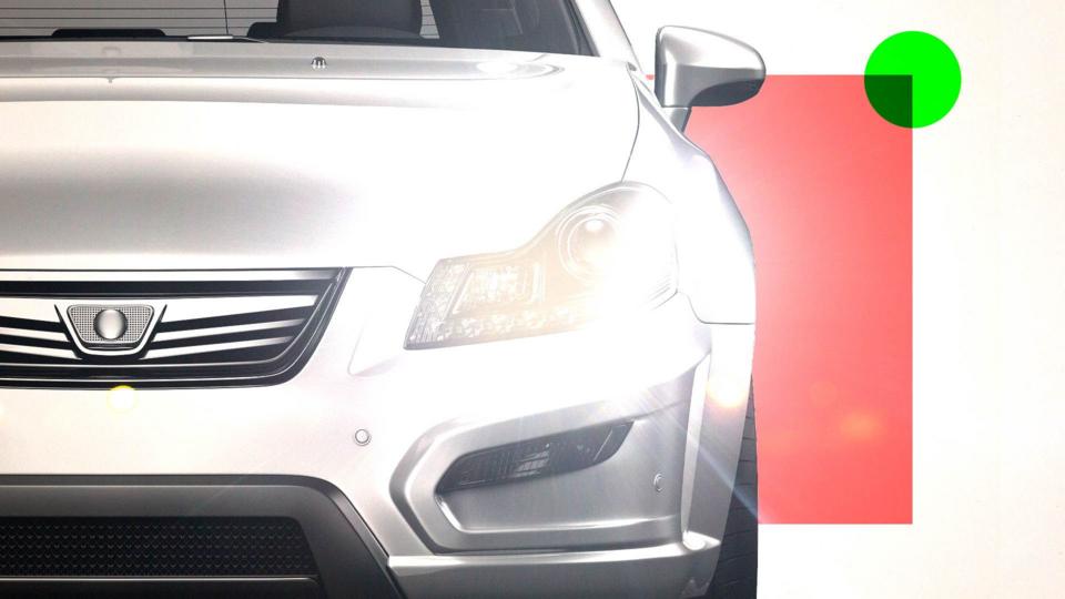 A treated illustration of a car with its headlights on