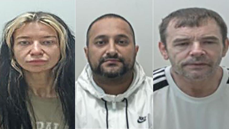 Custody images (left to right) of Shannon Hilton, Dalbir Sandhu and Jason Gerrand.