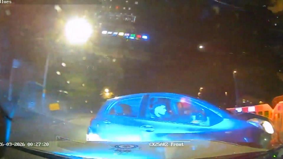 A screengrab of the police car camera. It shows a car colliding with the police car. 