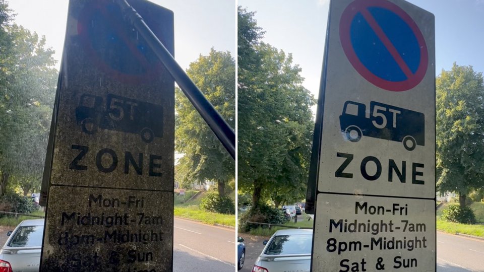 A before an after image of a road sign giving a no waiting order. On the left it is covered in thick black dirt and hard to read, it is clean on the right.