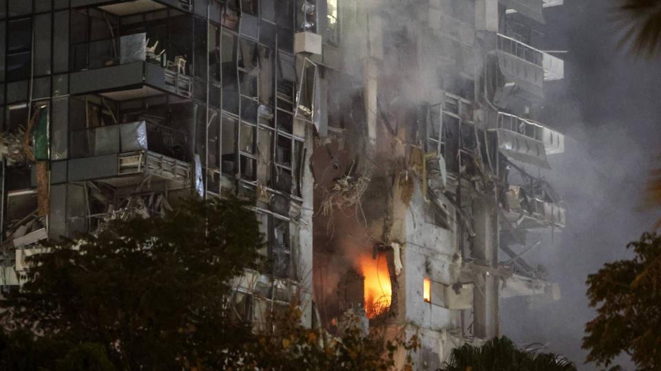 A building in Tel Aviv shows damage