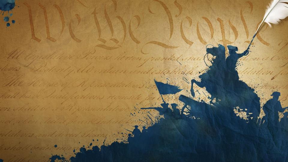 An old parchment background shows the words “We the People” in large script.
In front, dark blue ink silhouettes depict a horse rider raising a sword, with other figures, a flag, and a cannon, showing a battle scene.