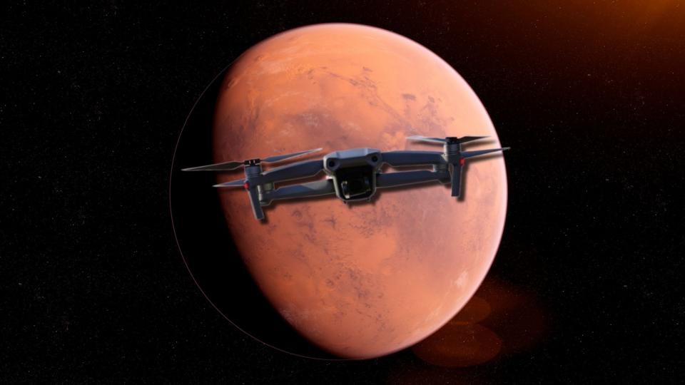 a drone superimposed over the planet mars
