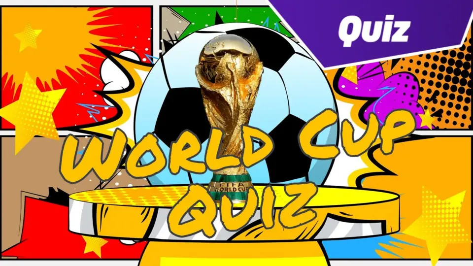 Comic book style stars and explosions in a grid layout with a football and world cup trophy on a plinth. The words: world cup quiz is in the foreground and a Quiz logo is in the top right corner.