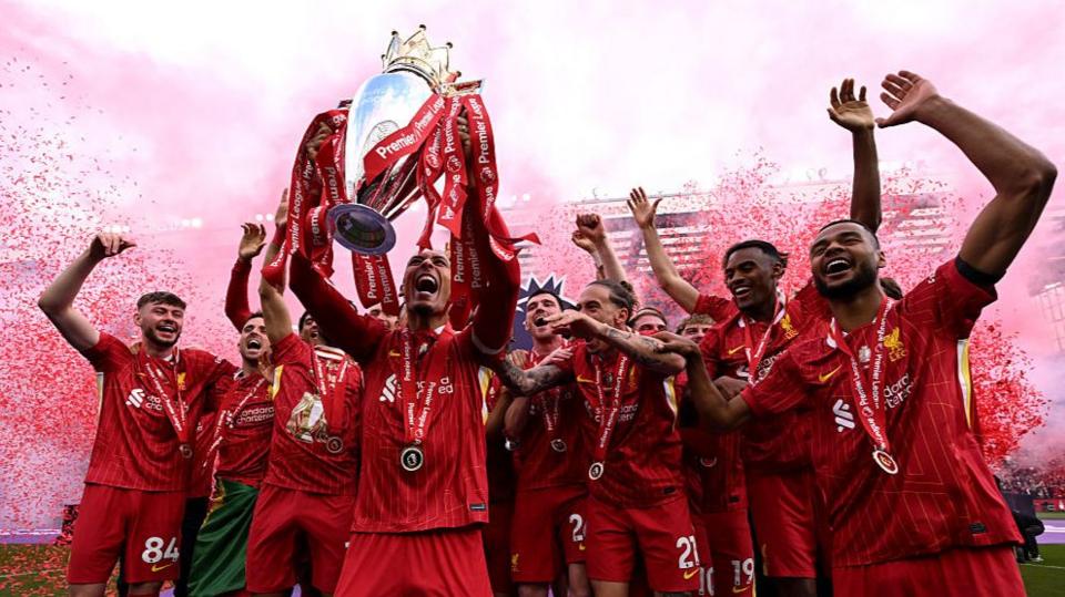 Liverpool celebrate winning the 2024-25 Premier League title