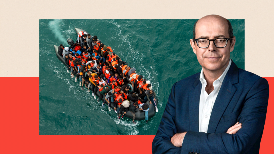 Composite featuring an aerial photo of a black rubber dinghy in the sea packed with around 50 people wearing lifejackets, in many cases with their legs hanging over the side of the boat. The BBC presenter Nick Robinson is pictured separately to the right of the composite.
