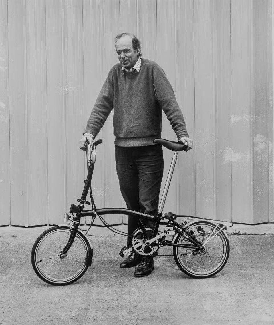 A black and white photograph of Andrew Ritchie, founder of Brompton