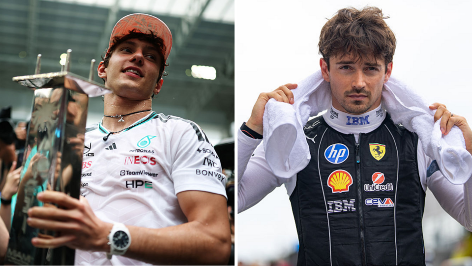 A split image of Kimi Antonelli and Charles Leclerc