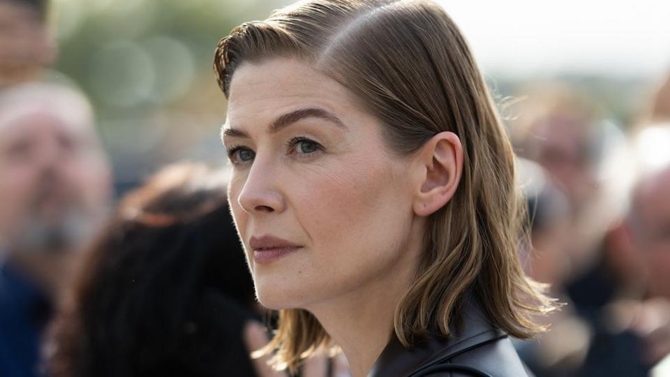 Actress Rosamund Pike looking stern