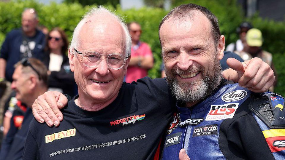 Rees' team boss Clive Padgett with 10-time NW200 race winner Bruce Anstey