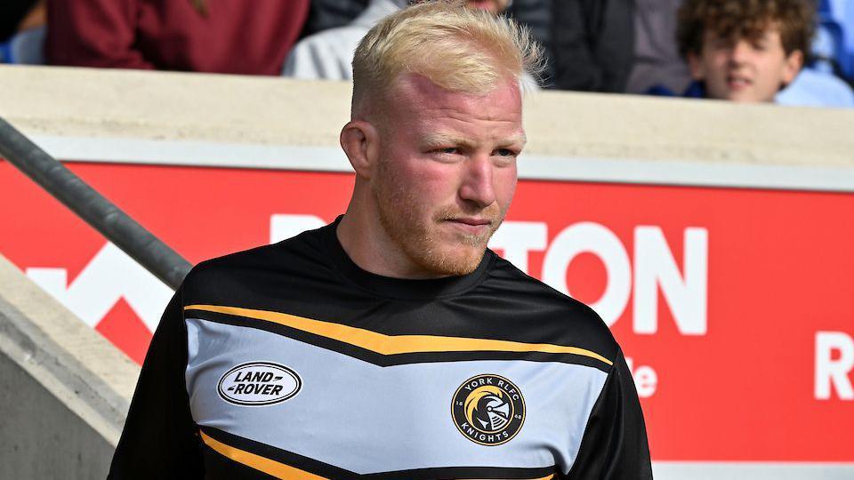 York Knights' on-loan forward Matty English wears a black, white and gold York top at the St Helens game.