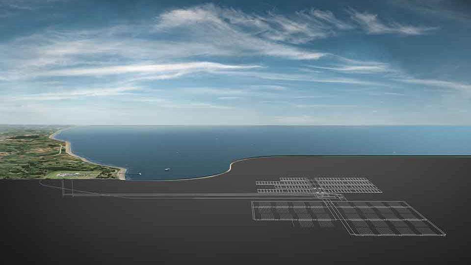 An artist's impression of what the GDF might look like. It shows a structure below sea level, connected by tunnels to an over-ground facility on the mainland.