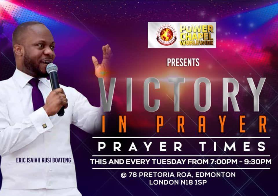 Promotional poster for a religious prayer event titled “Victory in Prayer”, featuring a man speaking into a microphone and event details.