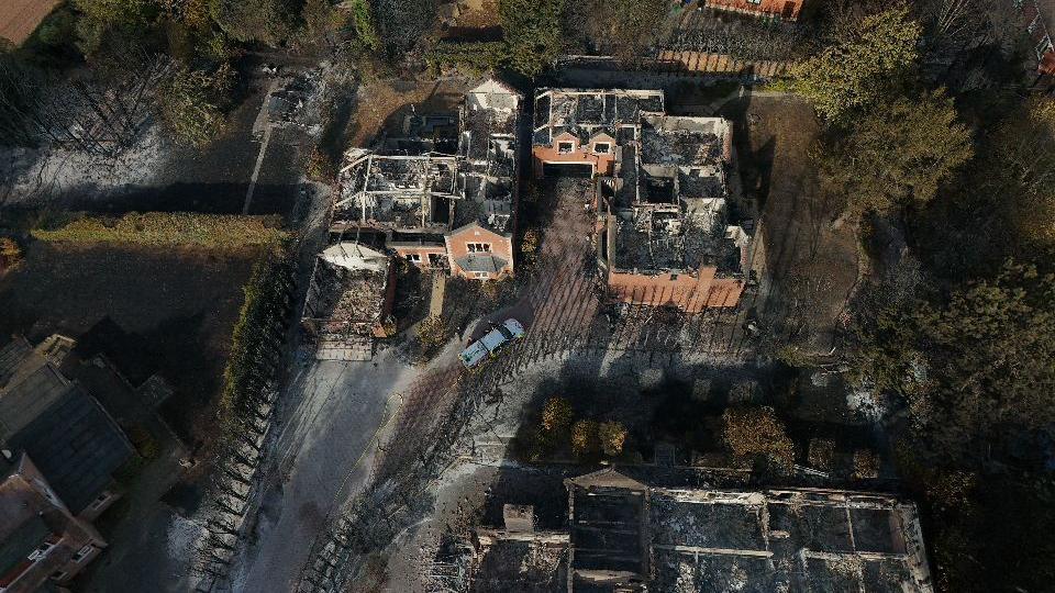 An aerial view of the remains of burnt out houses in the Quarry Park Road area of Stourbridge