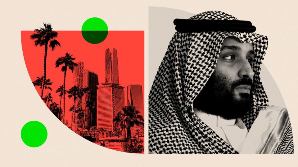 A black and white treated image showing skyscrapers on the left and a close-up shot of Mohammed bin Salman on the right. He is wearing traditional Saudi attire