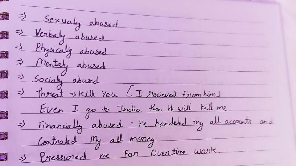 Letter Harshita wrote about the abuse she suffered - in list form, stating - sexually abused, verbally abused, physically abused, mentally abuse, socially abused, threat - kill you. Even I to go India then he will kill me. Financially abused - he handled all my accounts and controlled my all money, pressured me for overtime work