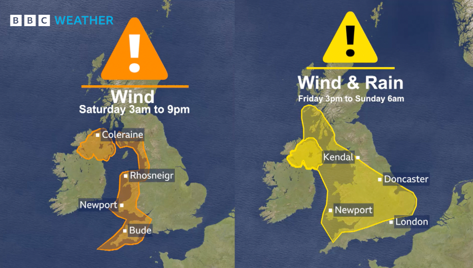 Two warning maps: amber warning for wind, Saturday 3am to 9pm, for Northern Ireland and western England and Wales; yellow warning for wind and rain, Friday 3pm to Sunday 6am, for Northern Ireland, Wales and a large swath of central England