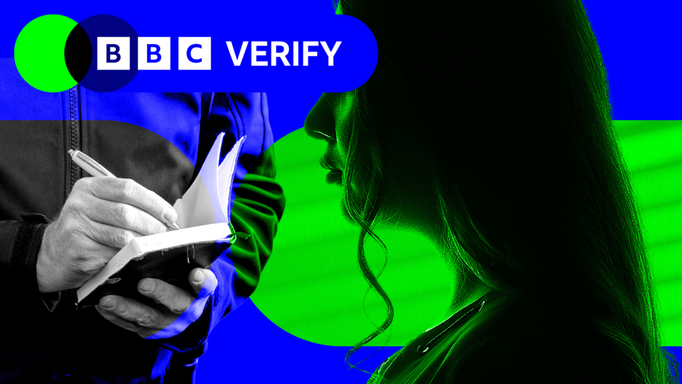 A designed image shows a woman's side profile. A police officer writes in a notebook in the background.