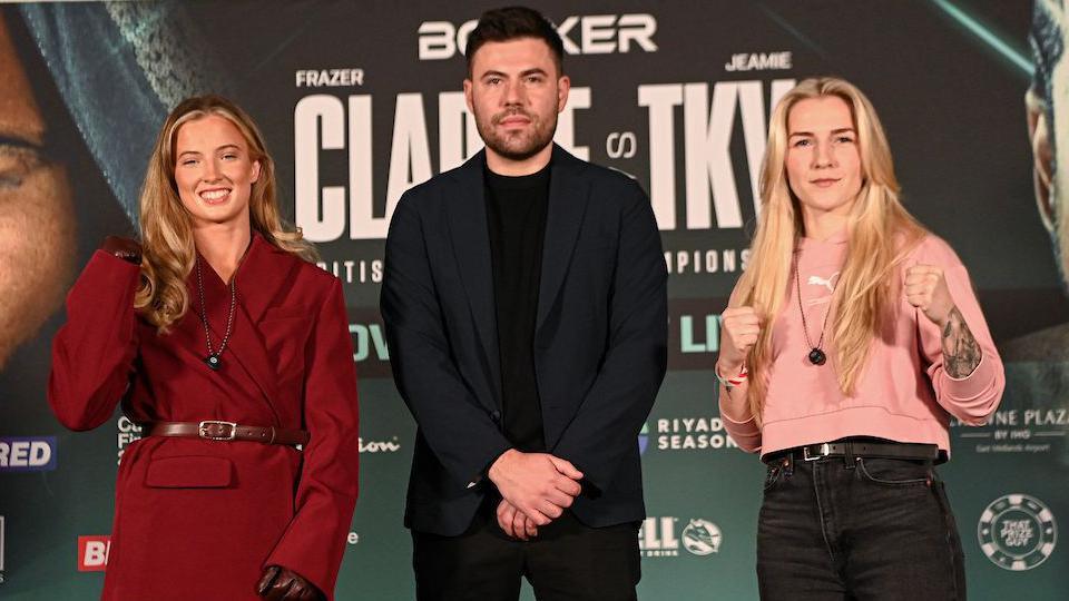 Francesca Hennessy, Ben Shalom and Fabiana Bytyqi pose for pictures at a news conference