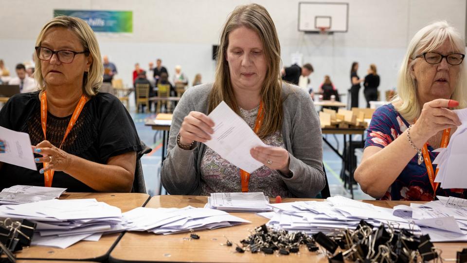 Three women wearing orange lanyards sitting in a row sitting at a table counting votes for a local election. They are inside a large hall.