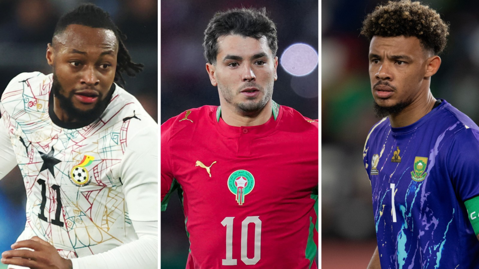 A triptych shows Antoine Semenyo, Brahim Diaz and Ronwen Williams wearing their national team shirts. Semenyo wears a predominantly white Ghana kit with a black number 11, black star and elaborate spiderweb design in red, green and yellow on the chest. Diaz wears a red Morocco shirt with a 10 and federation crest on the chest and Williams wears a purple South Africa goalkeeper's shirt with a white number one on the chest. All three are visible from waist up in action during football matches