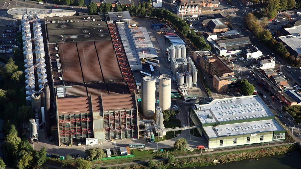 Aerial shot of Northampton showing brewery in foreground