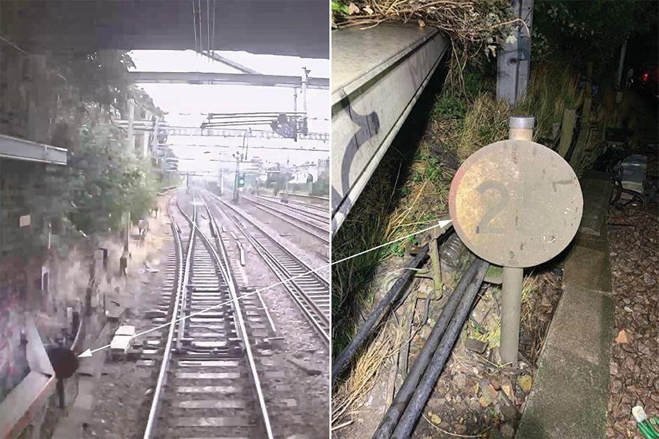 On the left, CCTV shows a railway track under a bridge and a small sign while on the right (linked by a white arrow) a close up of a speed limit sign covered in mud barely showing 25