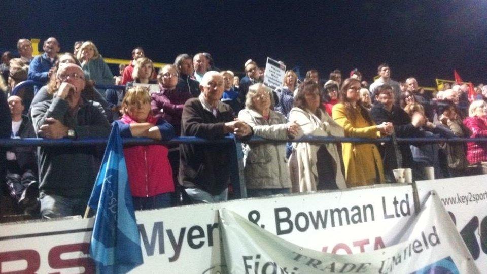 Crowds at public meeting at Whitehaven rugby ground