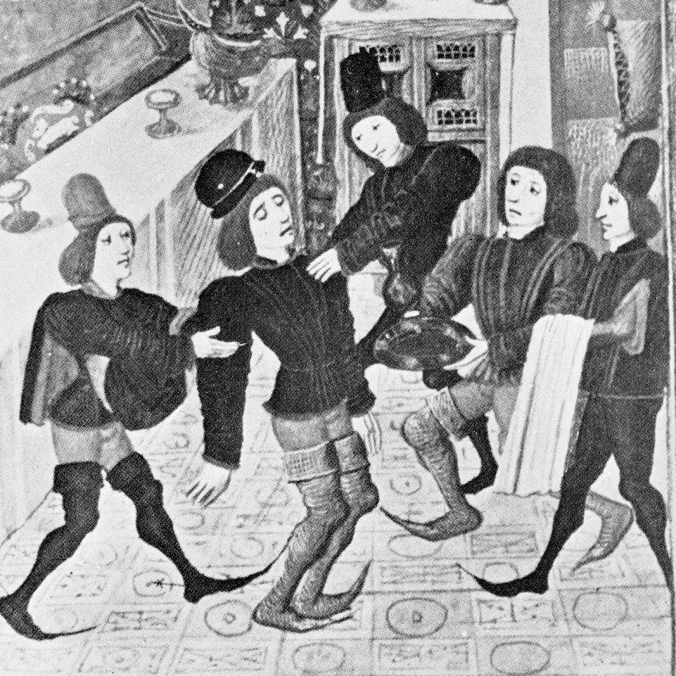 Black and white drawing of five medieval men cavorting wearing poulaines