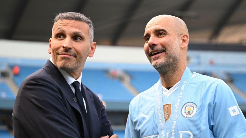 Al Mubarak and Guardiola pictured together smiling after Manchester City won the league in 2024