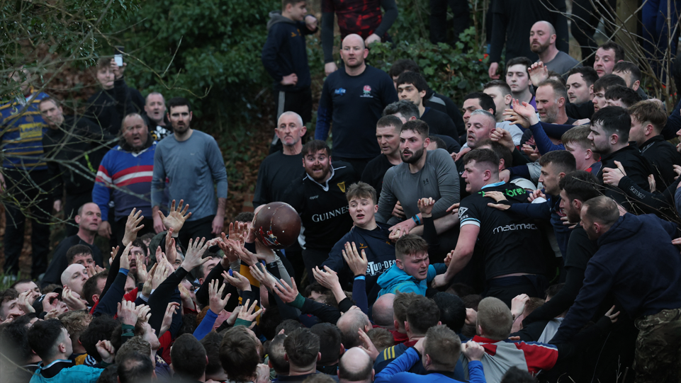 Image of people fighting for a ball during Royal Shrovetide Football