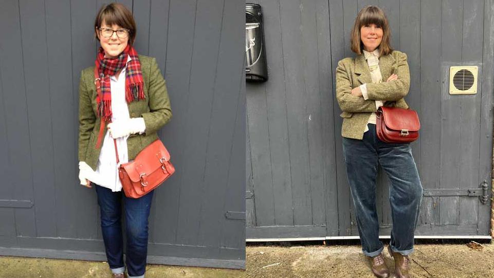 On the left is Caroline Jones in 2015. She has short brown hair. She wear a white blouse and an olive green jacket with blue jeans and holds a tan bag. She is wearing a red tartan scarf.  On the right is Caroline Jones in 2025. She has brown shoulder-length hair and a fringe. She is wearing a cream blouse and tank top with an olive green jacket, blue trousers, a tan bag and brown lace up shoes. The background in both is the same grey garage doors.