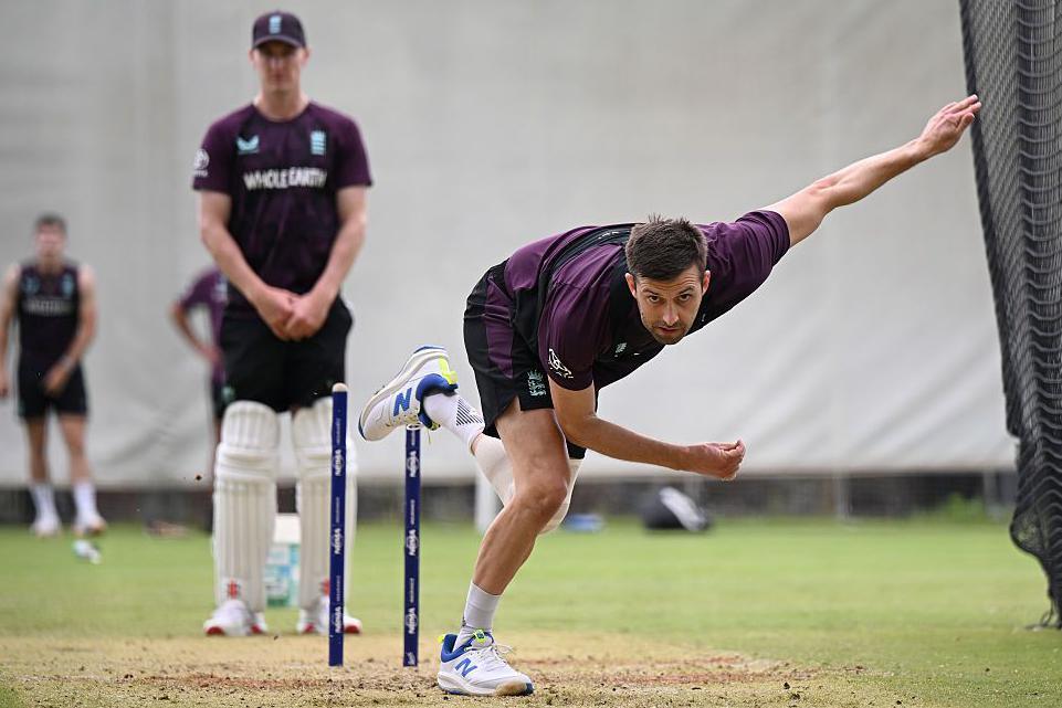 England bowler Mark Wood bowls during a net session at Perth Stadium before the first Ashes Test