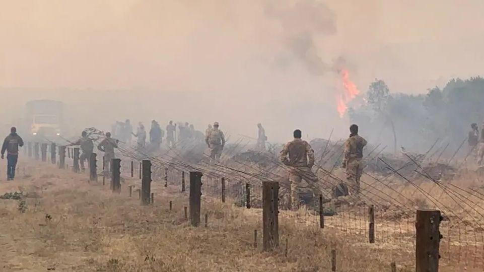 A photo of a number of soldiers looking at a fire in front of them