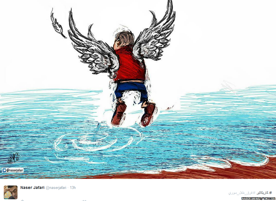 A tweet with an image of 3 year old Aylan Kurdi as an angel