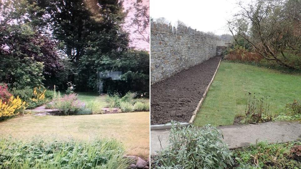John Watkeys's garden before and after he lost part of it to the new Heads of the Valleys upgrade. On the left two lawns can be seen separated by flowerbeds full of plants, while in the new picture a large stone wall can be seen on the left hand side of a triangular lawn with a large empty flower bed full of soil.