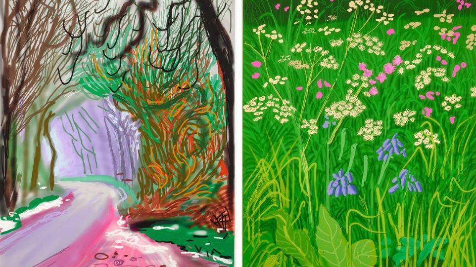 A composite of two drawings. On the left is a winding road which is pink and white and purple with swirling trees or green, orange, red and brown enclosed around it. On the right is grass with wildflowers growing out of it which are purple, pink and white.