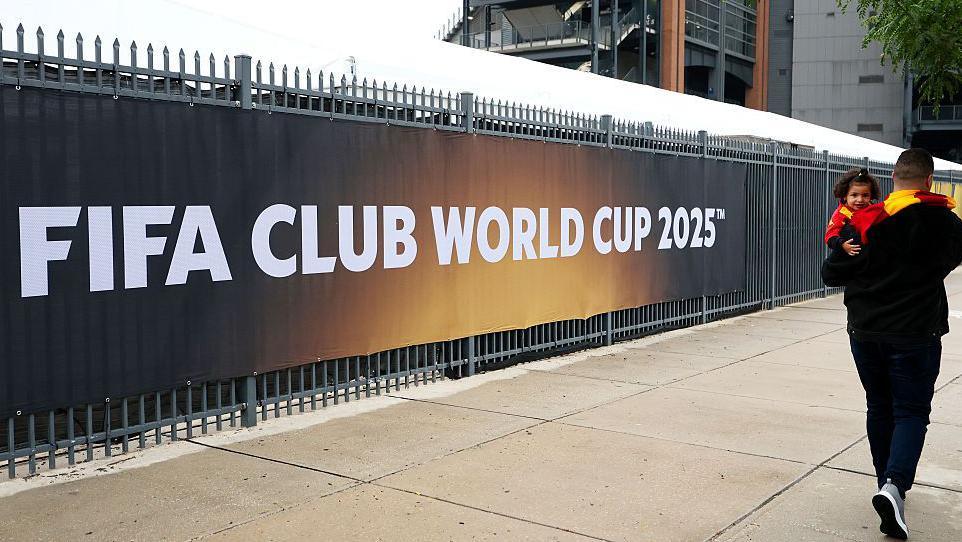 A sign reads FIFA CLUB WORLD CUP 2025 in Philadelphia