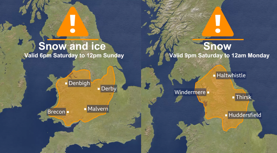 A graphic showing the amber weather warning for snow and ice covering most of Wales and central England on Saturday and Sunday and the amber warning covering northern England on Sunday and Monday