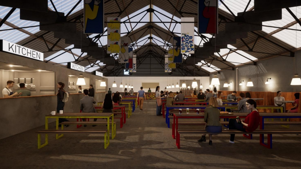 An illustration of the street food market in the open-plan warehouse which has dozens of benches with people sitting at them. To the left side there are rows of food stalls and above are several windows which let in light from the roof