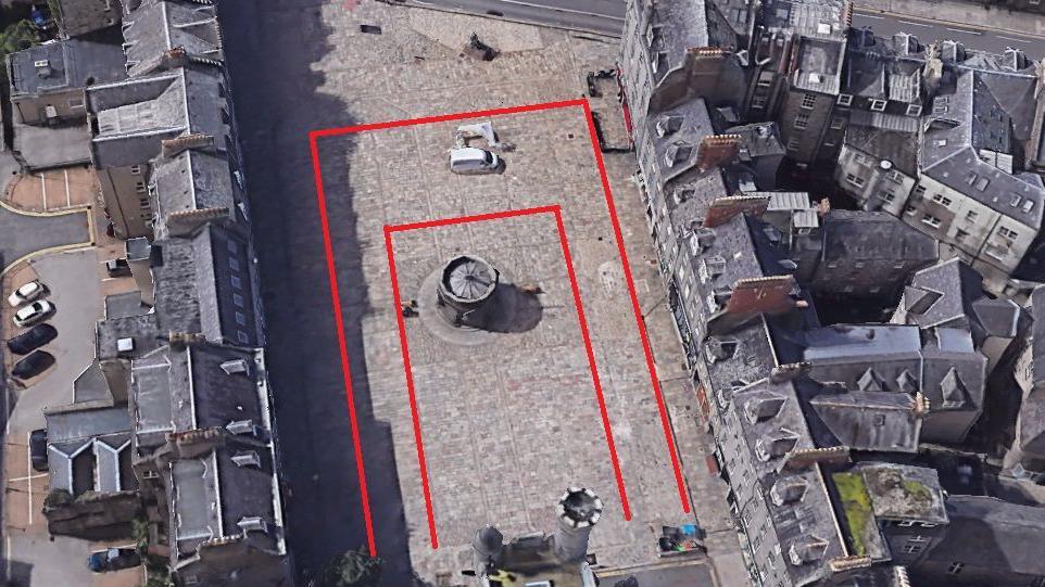 Aerial view of the Castlegate in Aberdeen, with outlines showing the area of flagstones which will be replaced