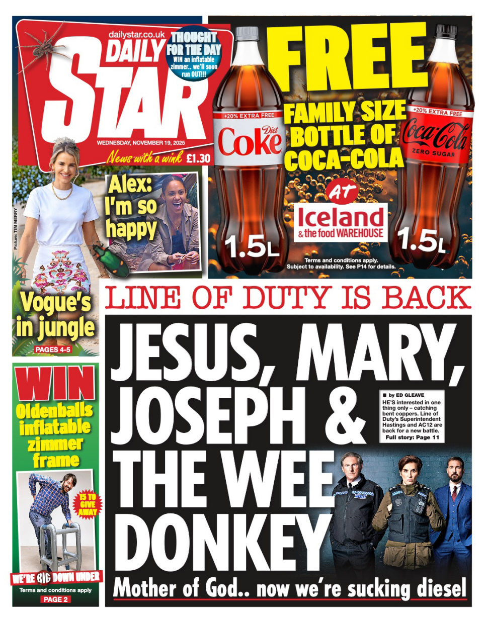 The headline on the front page of the Star reads: "Jesus, Mary, Joseph and the wee donkey".