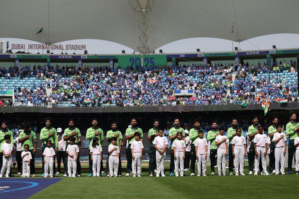  Pakistan sing the national anthem during the ICC Champions Trophy 2025 match between Pakistan and India at Dubai International Cricket Stadium on February 23, 2025 in Dubai, United Arab Emirates.