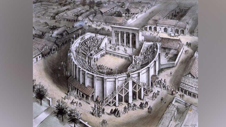 A black and white illustration showing a reconstruction of the Roman Theatre of Verulamium at about AD 180 with walls, seating and a stage with columns, plus the buildings that would have surrounded it.